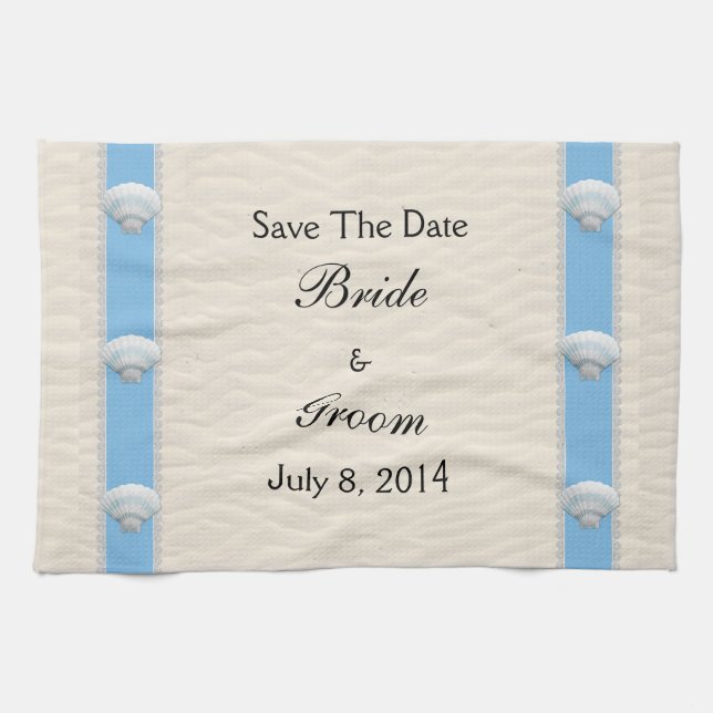 Seashell Beach Wedding Save The Date Tea Towel (Horizontal)