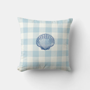 Seashell Blue Gingham Check Coastal Cushion
