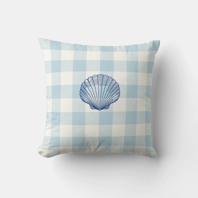 Seashell Blue Gingham Check Coastal Cushion (Front)