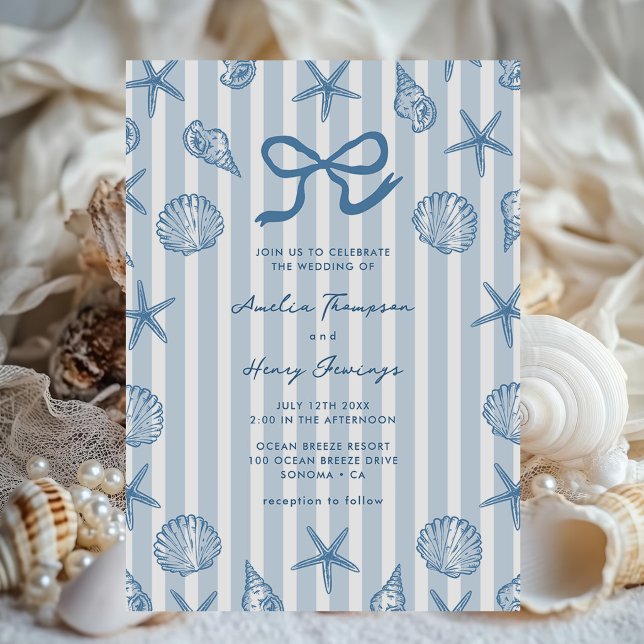 Seashell Blue Stripe Coastal Wedding Invitation (Creator Uploaded)