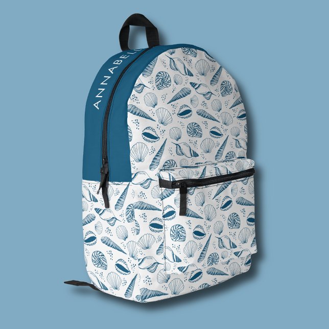 Seashell Blue White beach Printed Backpack (Coastal chic blue seashell nautical beach vibe backpack)