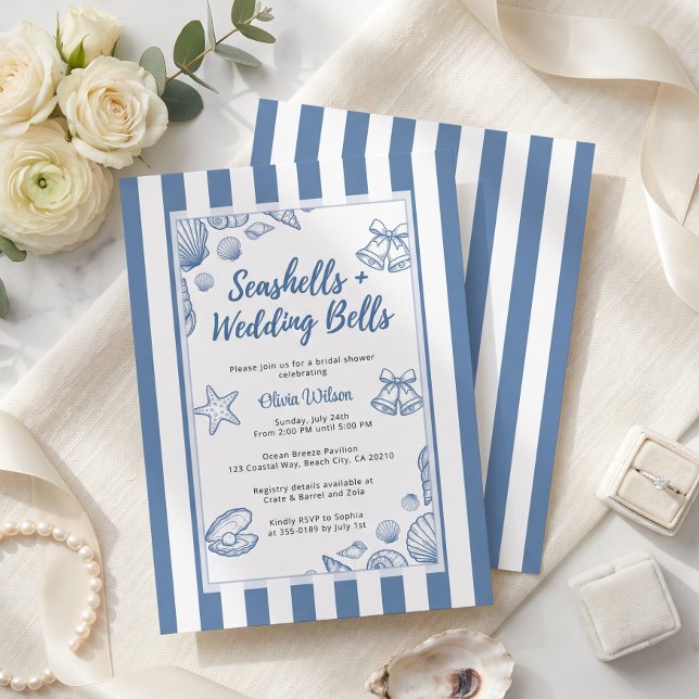 Seashell Bridal Shower Blue Nautical Custom Invitation (Seashell Bridal Shower Blue Nautical Custom Invitation)