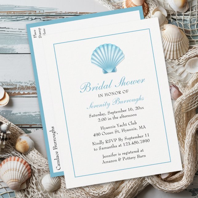 Seashell Bridal Shower Nautical Blue Beach Coastal Invitation Postcard (Creator Uploaded)
