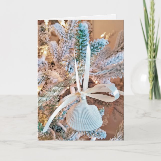 seashell Christmas ornament on tree Holiday Card (Front)