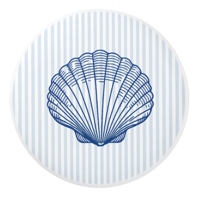 Seashell Clam Shell Blue Coastal Ceramic Knob (Front)