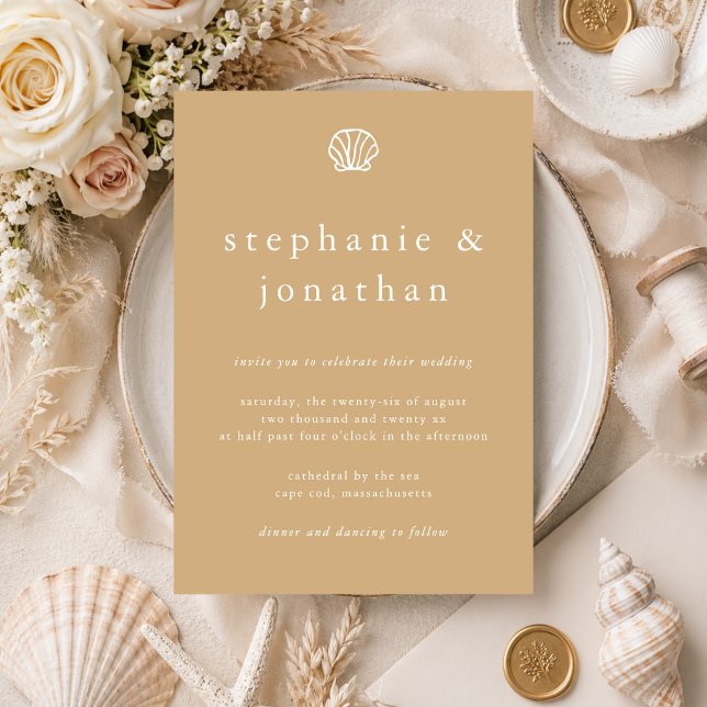Seashell Coastal Beach Sand Beige Minimal Wedding  Invitation (Creator Uploaded)
