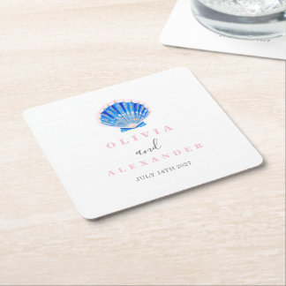 Seashell coastal beach wedding square paper coaster