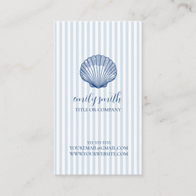 Seashell Coastal Blue Stripe Business Card (Front)
