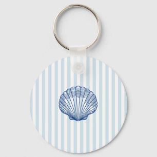 Seashell Coastal Painting Nautical Stripe Key Ring
