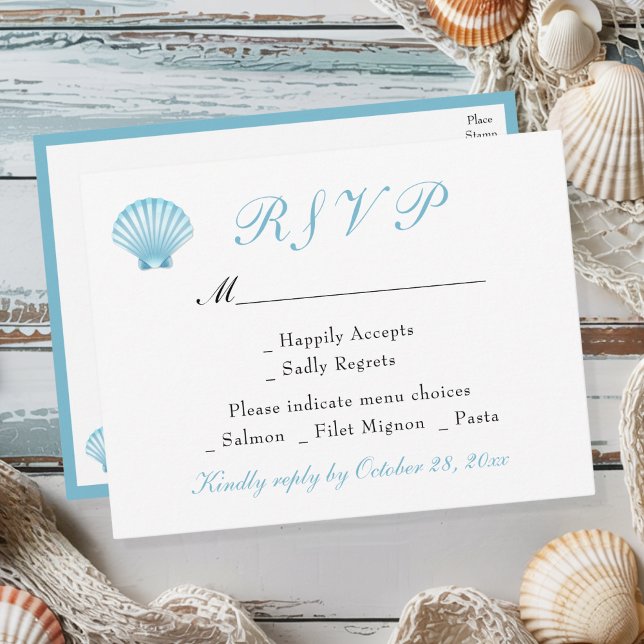 Seashell Coastal Romantic Summer Wedding RSVP Invitation Postcard (Creator Uploaded)