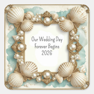 Seashell Coastal Wedding Frame with Pearls Square Sticker