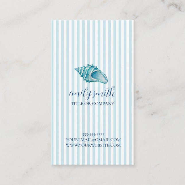 Seashell Conch Shell Coastal Blue Stripe Business Card (Front)