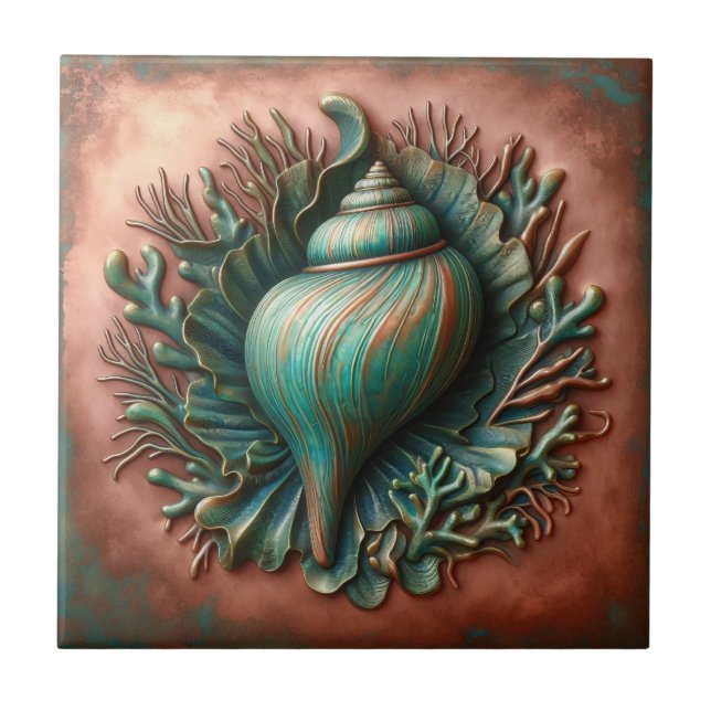 Seashell Copper and Patina Beach House Ceramic Tile (Front)