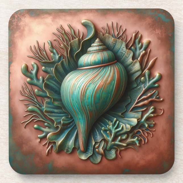 Seashell Copper and Patina Beach House Coaster (Front)