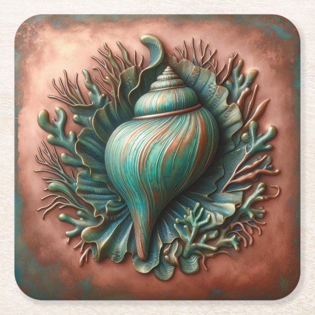 Seashell Copper and Patina Beach House Square Paper Coaster (Front)