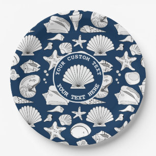 Seashell Custom Nautical Navy Blue 9"  Paper Plate