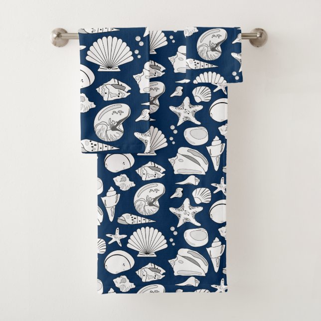 Seashell Drawing White Navy Blue  Nautical Bath Towel Set (Insitu)