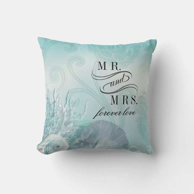 Seashell Dreams Beach Mr. & Mrs. aqua Cushion (Front)
