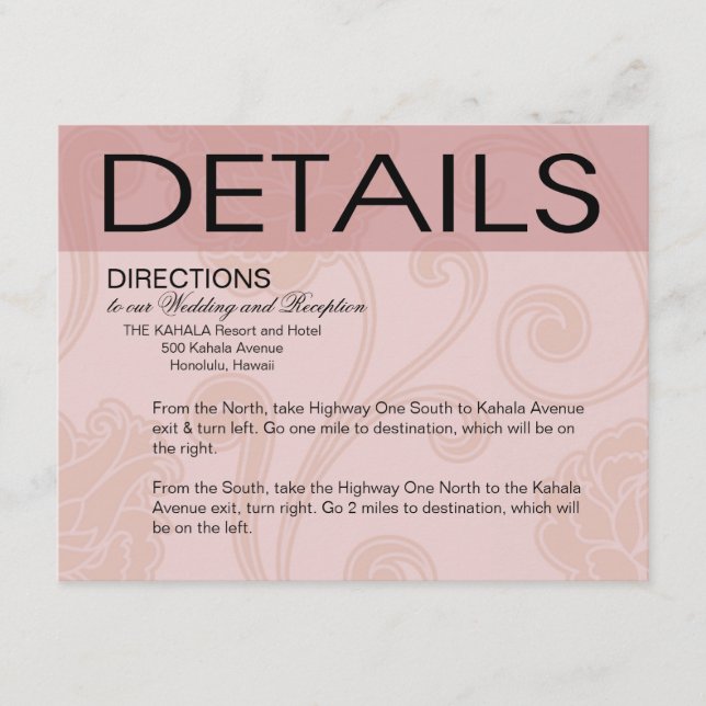 Seashell Dreams Beach Wedding Directions pink Enclosure Card (Front)
