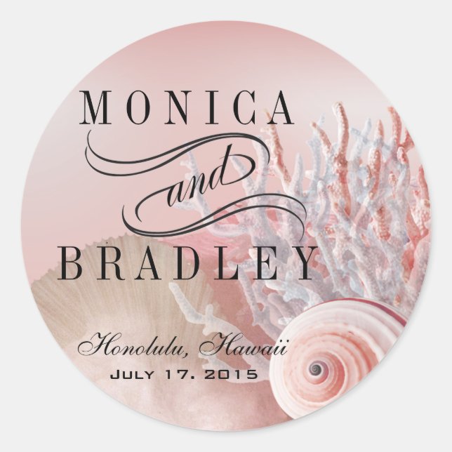 Seashell Dreams Beach Wedding pink Classic Round Sticker (Front)