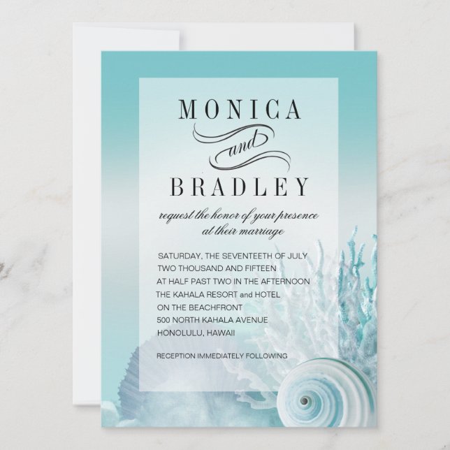 Seashell Dreams Faux Vellum Overlay aqua Invitation (Front)