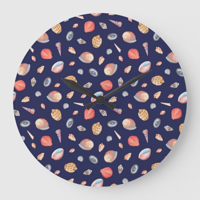 Seashell Elegance: Summer Blue Pattern. Large Clock (Front)