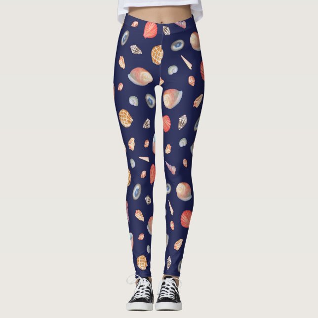 Seashell Elegance: Summer Blue Pattern. Leggings (Front)