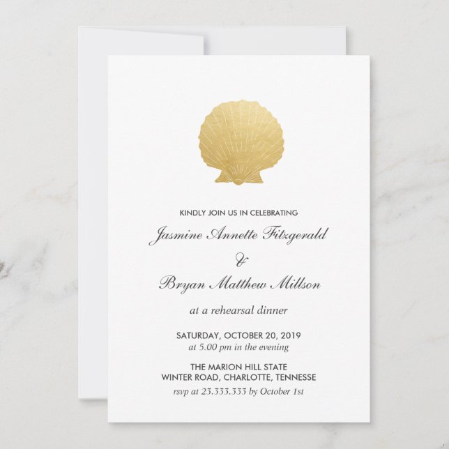 Seashell Faux Gold Foil | Ocean Rehearsal Dinner Invitation (Front)