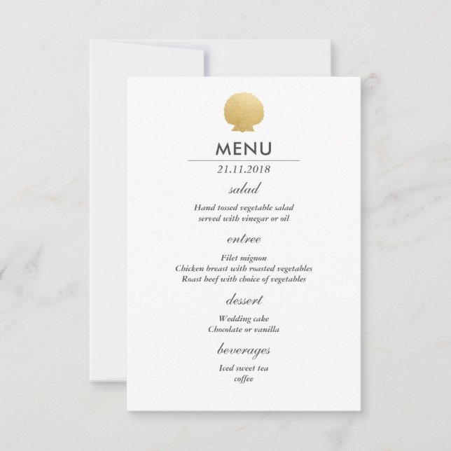 Seashell Faux Gold Foil | Ocean Wedding Menu Invitation (Front)