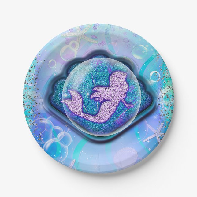 Seashell Fit for a Mermaid Glitter Birthday Party Paper Plate (Front)