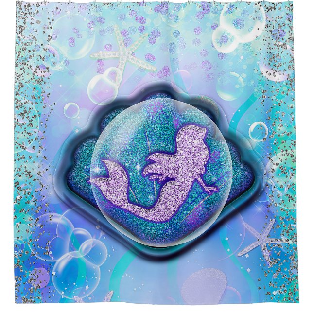Seashell Fit for a Mermaid Glitter Girls Magical Shower Curtain (Front)
