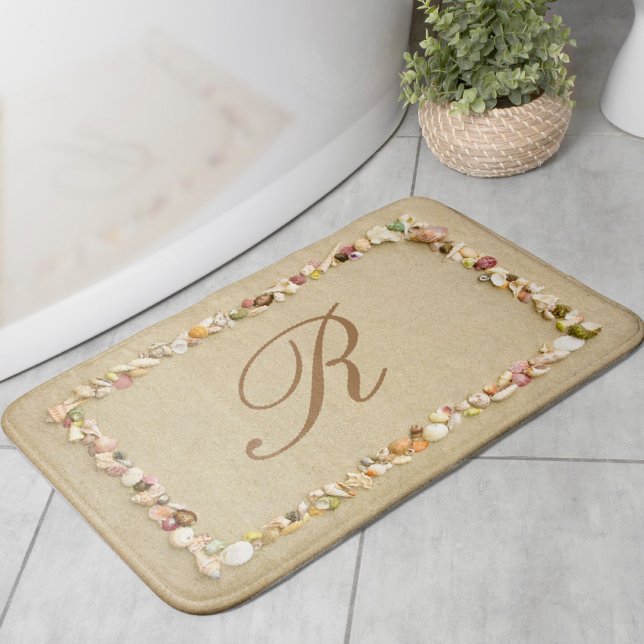 Seashell Frame on Beach Sand with Monogram Bath Mat (Creator Uploaded)