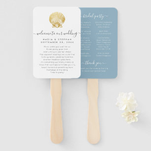 Seashell Gold Dusty Blue Beach Wedding Program Fan