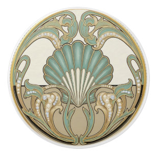 Seashell Green Cream & Gold Art Deco Nouveau Shell Ceramic Knob