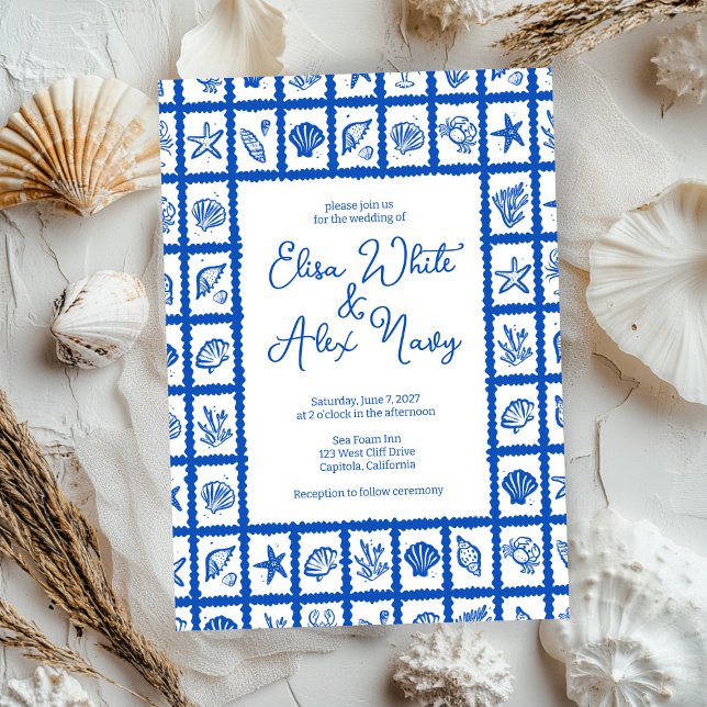 Seashell Grid Beach Seaside Wedding CUSTOM  Invitation (Seashell Grid Beach Seaside Wedding CUSTOM Invitation
)