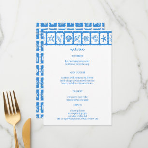 Seashell Grid Beach Wedding Blue White CUSTOM Menu