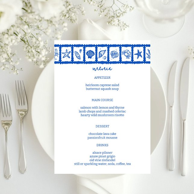 Seashell Grid Beach Wedding Blue White CUSTOM  Menu (Seashell Grid Beach Wedding Blue White CUSTOM Menu
)