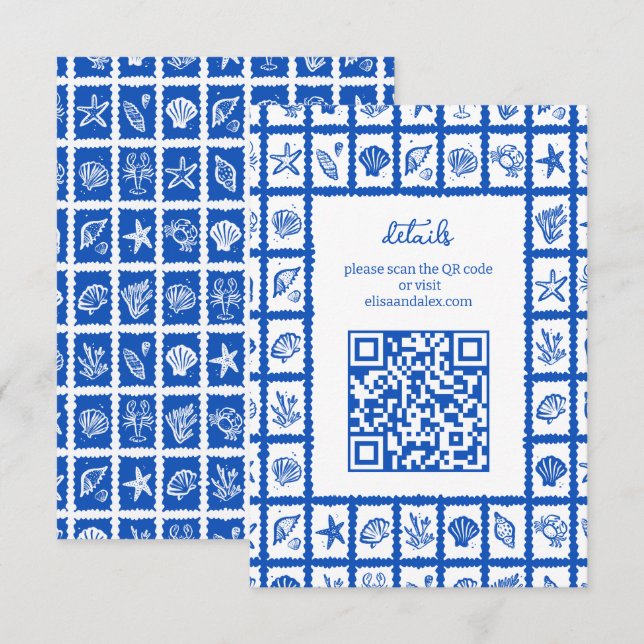 Seashell Grid Beach Wedding CUSTOM QR Code Enclosure Card (Front/Back)