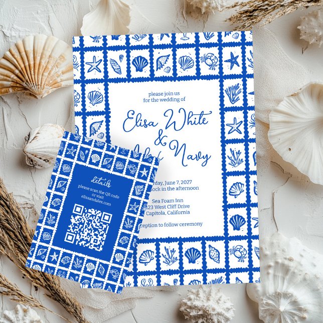 Seashell Grid Beach Wedding CUSTOM QR Code Enclosure Card (Seashell Grid Beach Wedding CUSTOM QR Code Enclosure Card
)