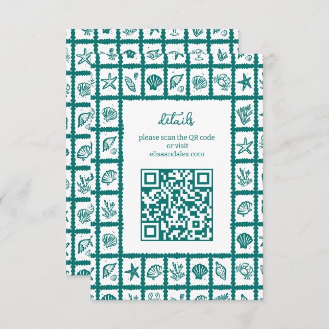 Seashell Grid Beach Wedding CUSTOM QR Code Enclosure Card (Front/Back)