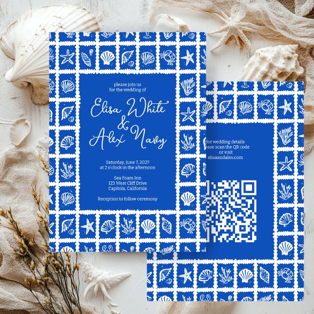 Seashell Grid Beach Wedding CUSTOM QR Code Invitation (Seashell Grid Beach Wedding CUSTOM QR Code Invitation
)