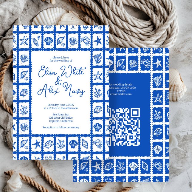 Seashell Grid Beach Wedding CUSTOM QR Code Invitation (Seashell Grid Beach Wedding CUSTOM QR Code Invitation
)
