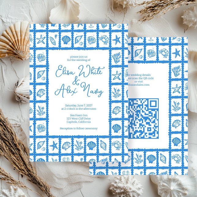 Seashell Grid Beach Wedding CUSTOM QR Code Invitation (Seashell Grid Beach Wedding CUSTOM QR Code Invitation
)