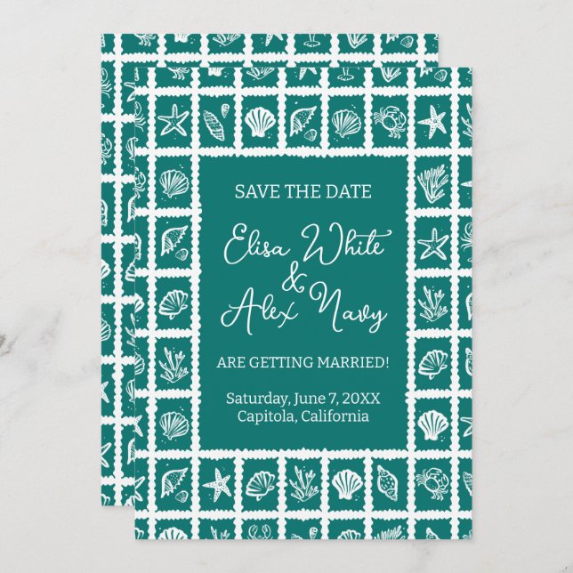 Seashell Grid Beach Wedding CUSTOM QR Code Save The Date (Front/Back)