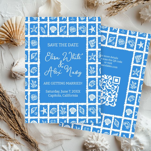 Seashell Grid Beach Wedding CUSTOM QR Code Save The Date (Seashell Grid Beach Wedding CUSTOM QR Code Save The Date
)