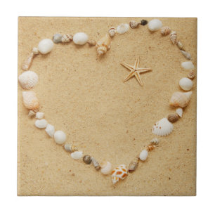 Seashell Heart with Starfish Ceramic Tile