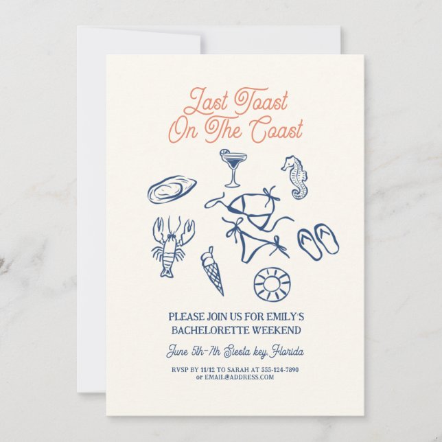 Seashell Last toast coast Bachelorette Weekend Invitation (Front)