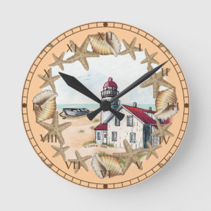 Seashell Lighthouse Round Clock