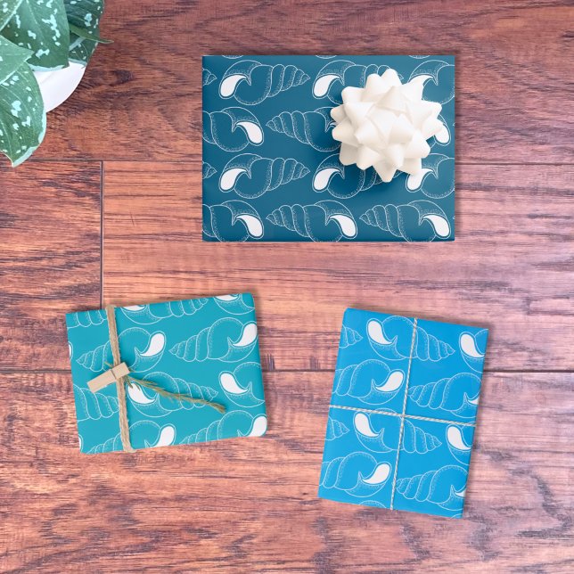 Seashell Line Art Pattern Wrapping Paper Sheets (Seashell pattern wrapping paper sheets in shades of blue .)