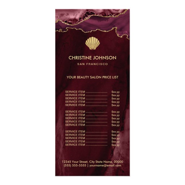 seashell logo price list on burgundy design rack card (Front)